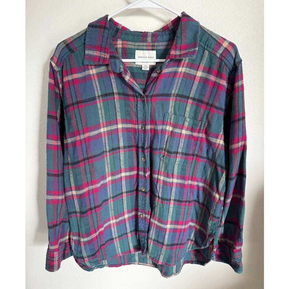 American Eagle Women's Boyfriend Fit Button Up Flannel Shirt Pink Green Sz Small